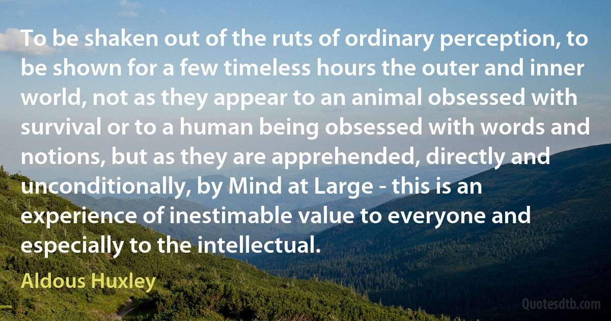 To be shaken out of the ruts of ordinary perception, to be shown for a few timeless hours the outer and inner world, not as they appear to an animal obsessed with survival or to a human being obsessed with words and notions, but as they are apprehended, directly and unconditionally, by Mind at Large - this is an experience of inestimable value to everyone and especially to the intellectual. (Aldous Huxley)