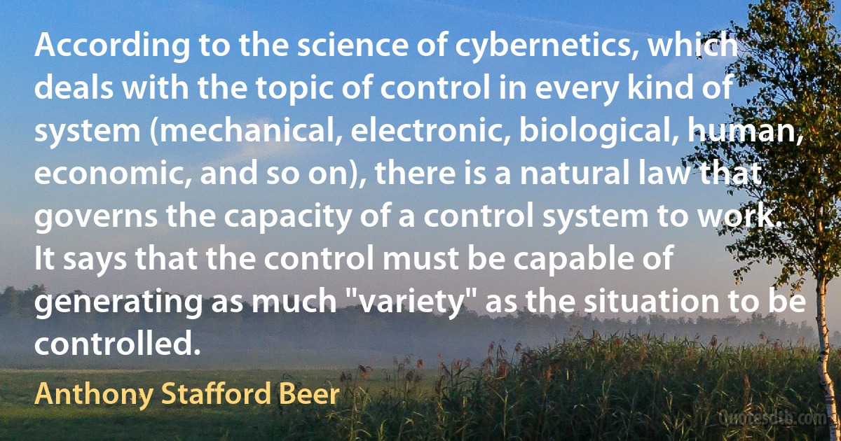 According to the science of cybernetics, which deals with the topic of control in every kind of system (mechanical, electronic, biological, human, economic, and so on), there is a natural law that governs the capacity of a control system to work. It says that the control must be capable of generating as much "variety" as the situation to be controlled. (Anthony Stafford Beer)