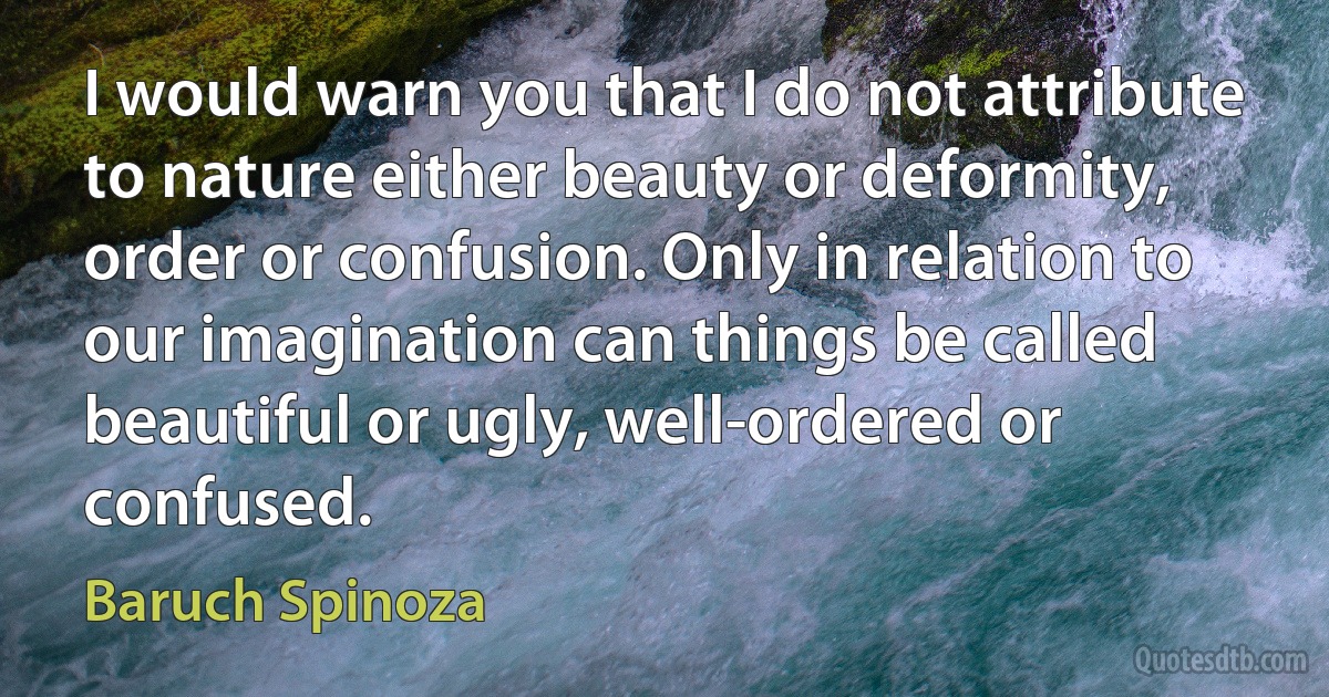 I would warn you that I do not attribute to nature either beauty or deformity, order or confusion. Only in relation to our imagination can things be called beautiful or ugly, well-ordered or confused. (Baruch Spinoza)