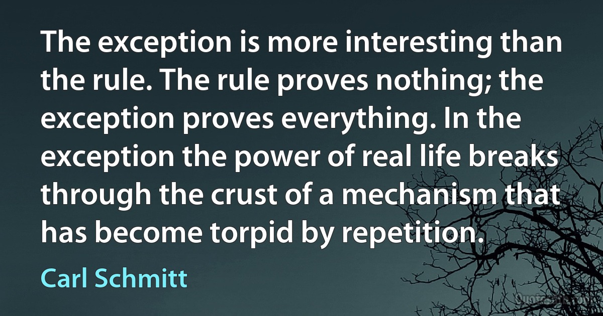 The exception is more interesting than the rule. The rule proves nothing; the exception proves everything. In the exception the power of real life breaks through the crust of a mechanism that has become torpid by repetition. (Carl Schmitt)