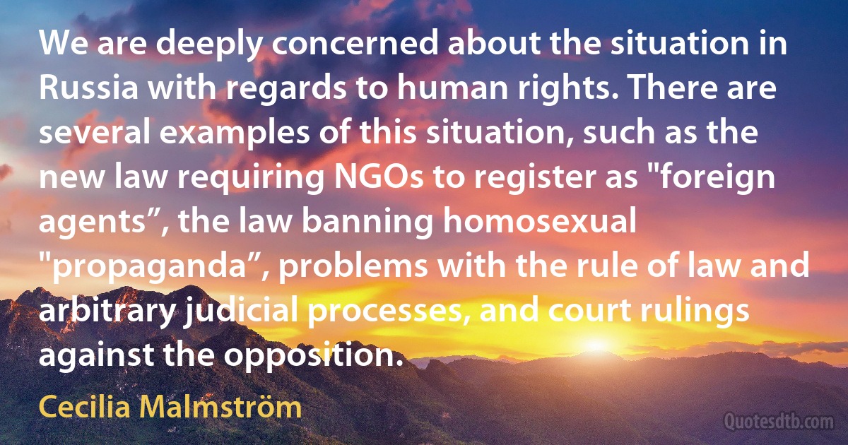 We are deeply concerned about the situation in Russia with regards to human rights. There are several examples of this situation, such as the new law requiring NGOs to register as "foreign agents”, the law banning homosexual "propaganda”, problems with the rule of law and arbitrary judicial processes, and court rulings against the opposition. (Cecilia Malmström)