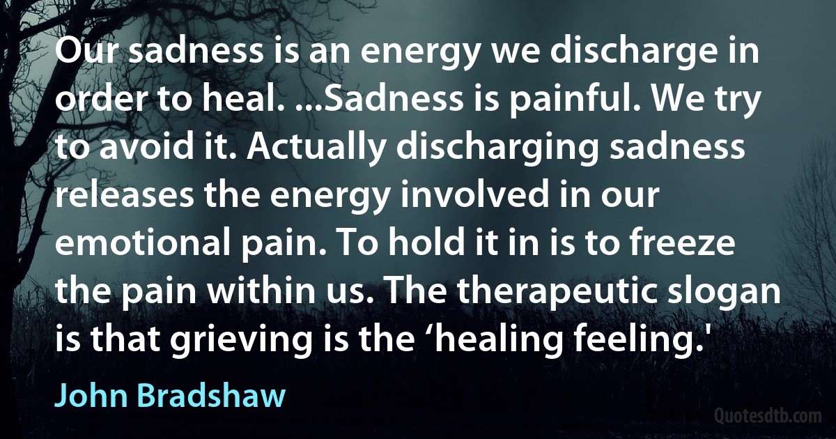 Our sadness is an energy we discharge in order to heal. ...Sadness is painful. We try to avoid it. Actually discharging sadness releases the energy involved in our emotional pain. To hold it in is to freeze the pain within us. The therapeutic slogan is that grieving is the ‘healing feeling.' (John Bradshaw)