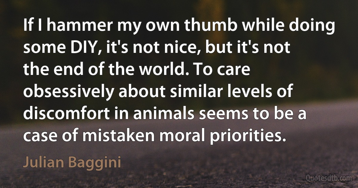 If I hammer my own thumb while doing some DIY, it's not nice, but it's not the end of the world. To care obsessively about similar levels of discomfort in animals seems to be a case of mistaken moral priorities. (Julian Baggini)