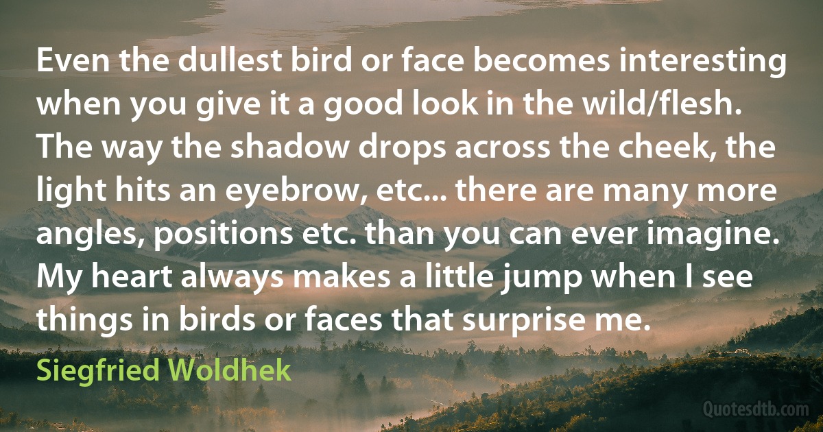 Even the dullest bird or face becomes interesting when you give it a good look in the wild/flesh. The way the shadow drops across the cheek, the light hits an eyebrow, etc... there are many more angles, positions etc. than you can ever imagine. My heart always makes a little jump when I see things in birds or faces that surprise me. (Siegfried Woldhek)