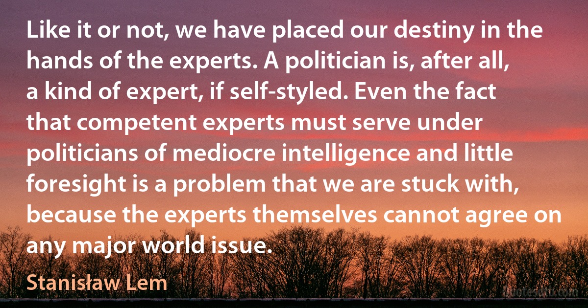 Like it or not, we have placed our destiny in the hands of the experts. A politician is, after all, a kind of expert, if self-styled. Even the fact that competent experts must serve under politicians of mediocre intelligence and little foresight is a problem that we are stuck with, because the experts themselves cannot agree on any major world issue. (Stanisław Lem)