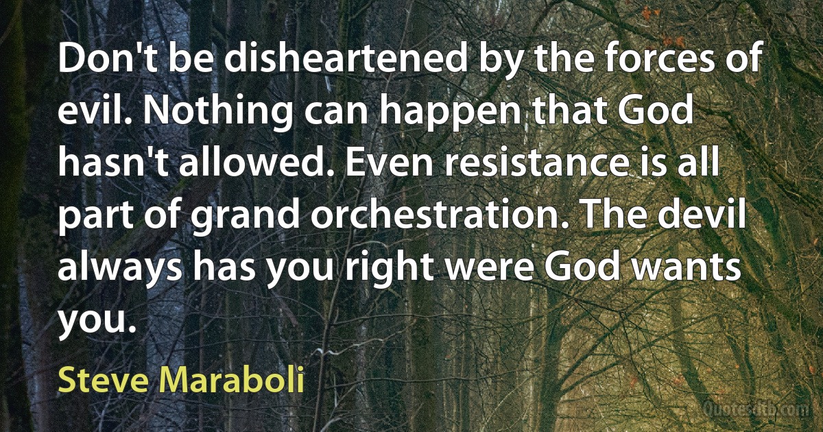 Don't be disheartened by the forces of evil. Nothing can happen that God hasn't allowed. Even resistance is all part of grand orchestration. The devil always has you right were God wants you. (Steve Maraboli)