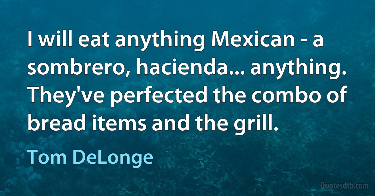 I will eat anything Mexican - a sombrero, hacienda... anything. They've perfected the combo of bread items and the grill. (Tom DeLonge)