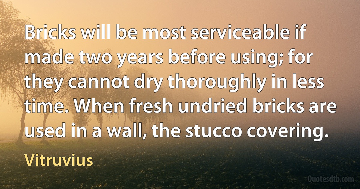 Bricks will be most serviceable if made two years before using; for they cannot dry thoroughly in less time. When fresh undried bricks are used in a wall, the stucco covering. (Vitruvius)