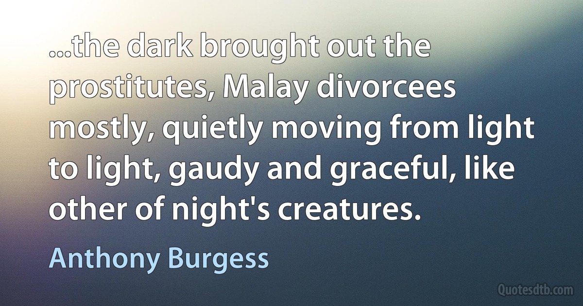 ...the dark brought out the prostitutes, Malay divorcees mostly, quietly moving from light to light, gaudy and graceful, like other of night's creatures. (Anthony Burgess)