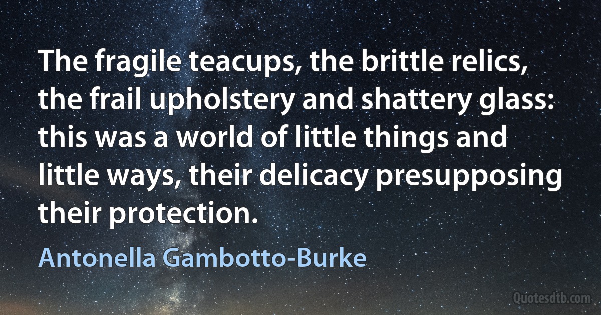 The fragile teacups, the brittle relics, the frail upholstery and shattery glass: this was a world of little things and little ways, their delicacy presupposing their protection. (Antonella Gambotto-Burke)