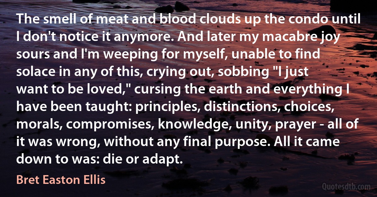 The smell of meat and blood clouds up the condo until I don't notice it anymore. And later my macabre joy sours and I'm weeping for myself, unable to find solace in any of this, crying out, sobbing "I just want to be loved," cursing the earth and everything I have been taught: principles, distinctions, choices, morals, compromises, knowledge, unity, prayer - all of it was wrong, without any final purpose. All it came down to was: die or adapt. (Bret Easton Ellis)