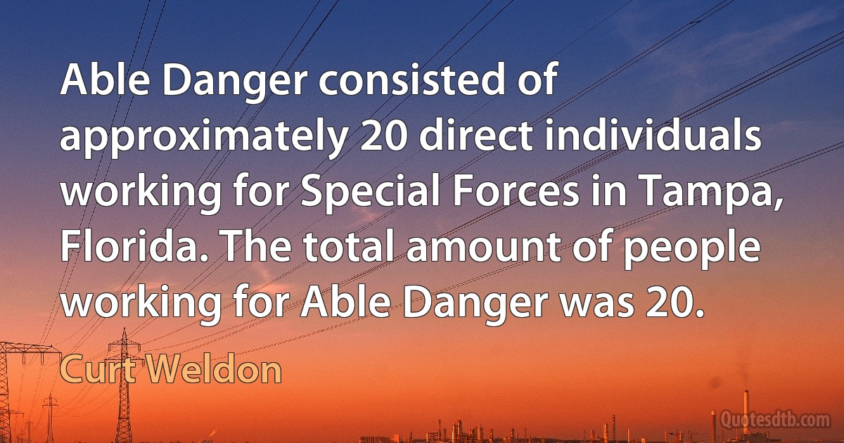 Able Danger consisted of approximately 20 direct individuals working for Special Forces in Tampa, Florida. The total amount of people working for Able Danger was 20. (Curt Weldon)