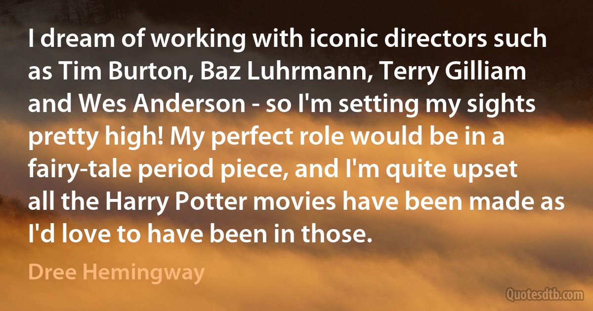 I dream of working with iconic directors such as Tim Burton, Baz Luhrmann, Terry Gilliam and Wes Anderson - so I'm setting my sights pretty high! My perfect role would be in a fairy-tale period piece, and I'm quite upset all the Harry Potter movies have been made as I'd love to have been in those. (Dree Hemingway)