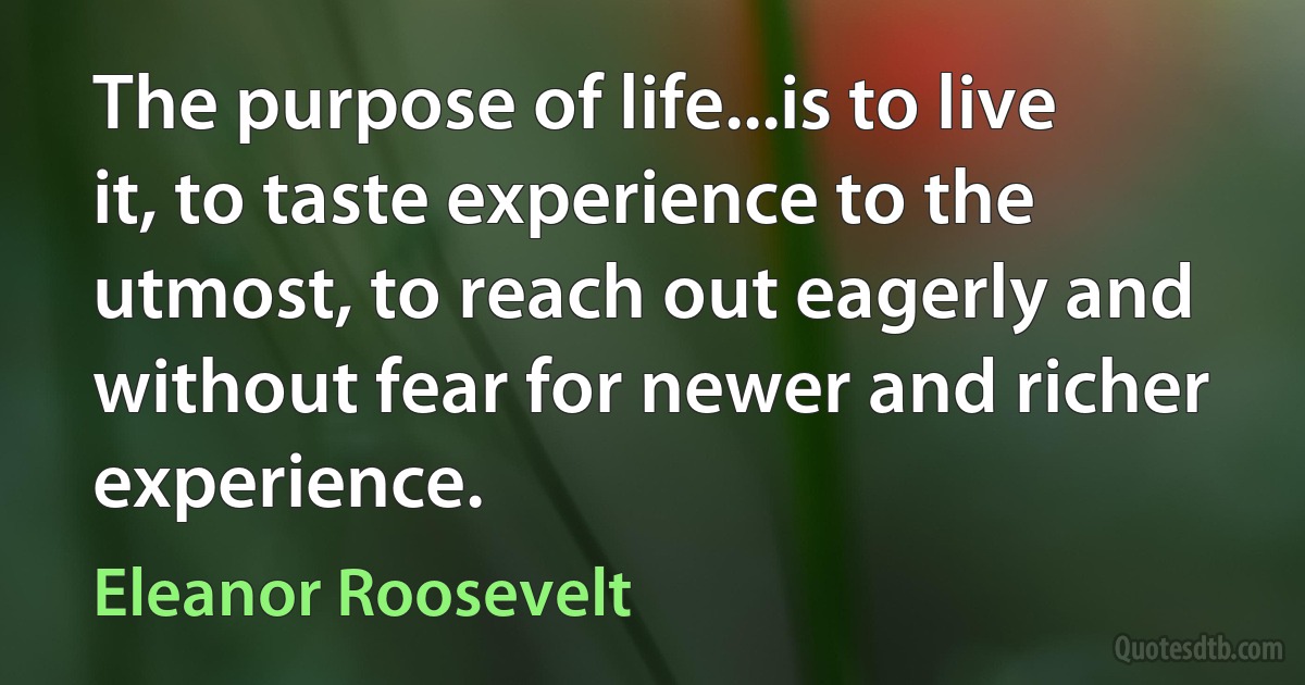 The purpose of life...is to live it, to taste experience to the utmost, to reach out eagerly and without fear for newer and richer experience. (Eleanor Roosevelt)