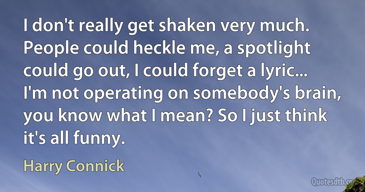 I don't really get shaken very much. People could heckle me, a spotlight could go out, I could forget a lyric... I'm not operating on somebody's brain, you know what I mean? So I just think it's all funny. (Harry Connick)