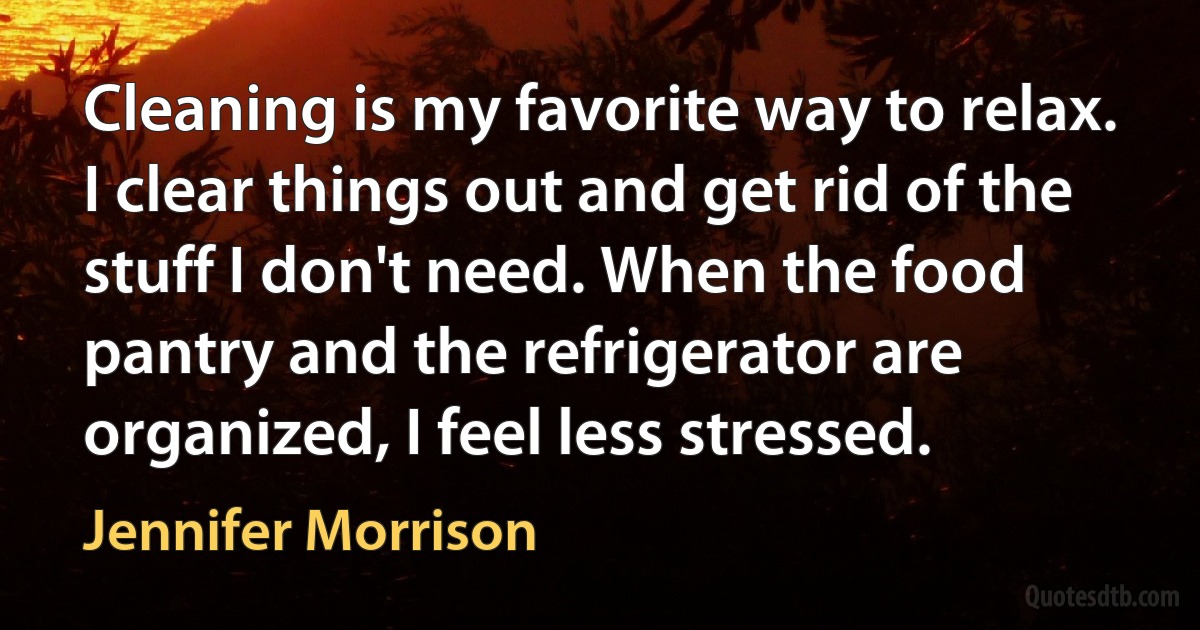 Cleaning is my favorite way to relax. I clear things out and get rid of the stuff I don't need. When the food pantry and the refrigerator are organized, I feel less stressed. (Jennifer Morrison)