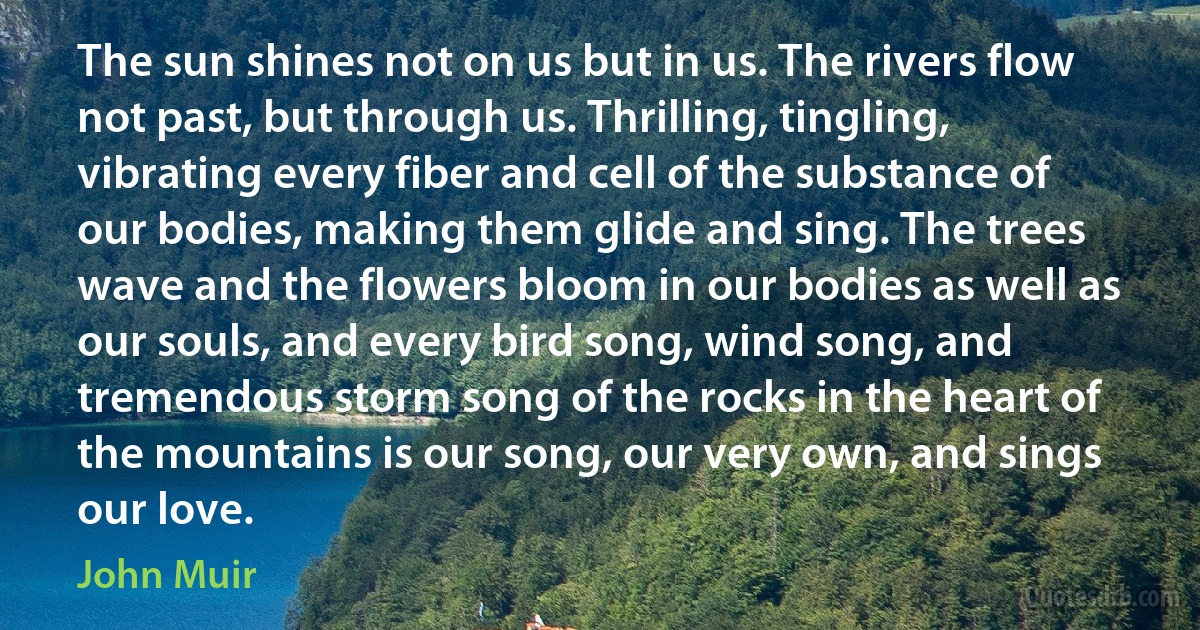 The sun shines not on us but in us. The rivers flow not past, but through us. Thrilling, tingling, vibrating every fiber and cell of the substance of our bodies, making them glide and sing. The trees wave and the flowers bloom in our bodies as well as our souls, and every bird song, wind song, and tremendous storm song of the rocks in the heart of the mountains is our song, our very own, and sings our love. (John Muir)