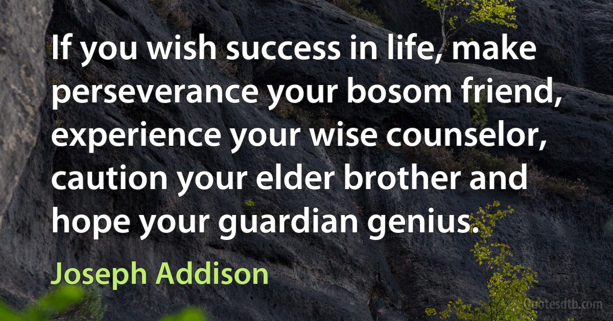 If you wish success in life, make perseverance your bosom friend, experience your wise counselor, caution your elder brother and hope your guardian genius. (Joseph Addison)