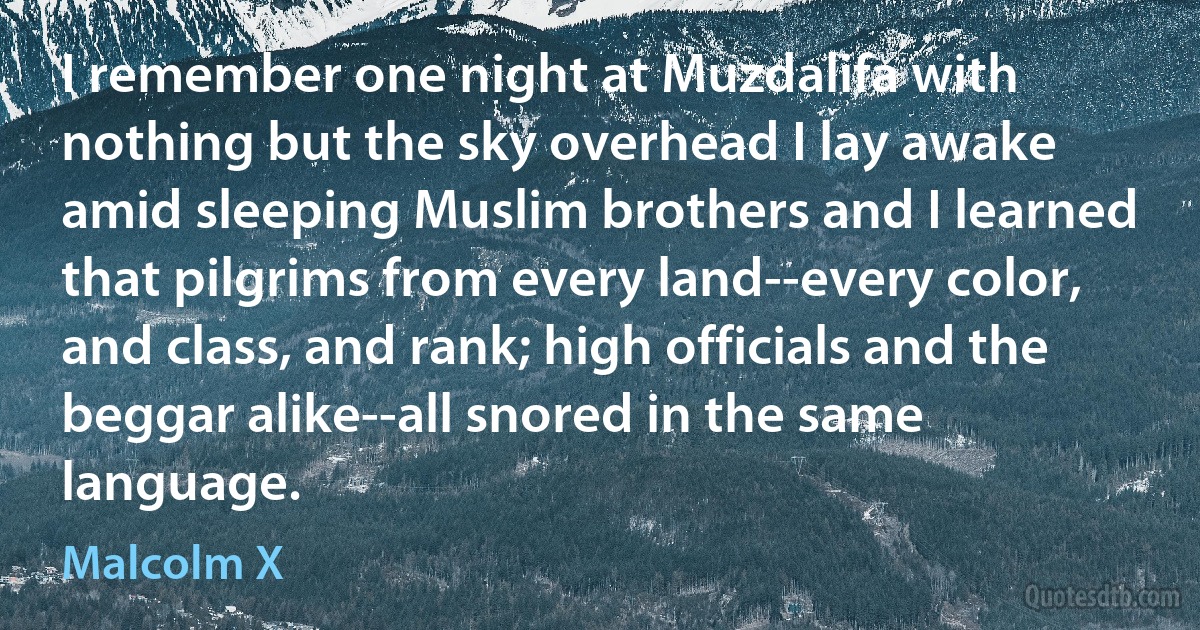 I remember one night at Muzdalifa with nothing but the sky overhead I lay awake amid sleeping Muslim brothers and I learned that pilgrims from every land--every color, and class, and rank; high officials and the beggar alike--all snored in the same language. (Malcolm X)