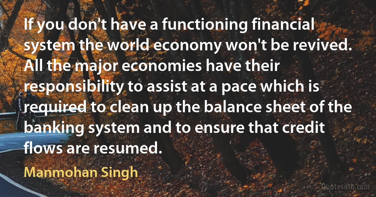 If you don't have a functioning financial system the world economy won't be revived. All the major economies have their responsibility to assist at a pace which is required to clean up the balance sheet of the banking system and to ensure that credit flows are resumed. (Manmohan Singh)