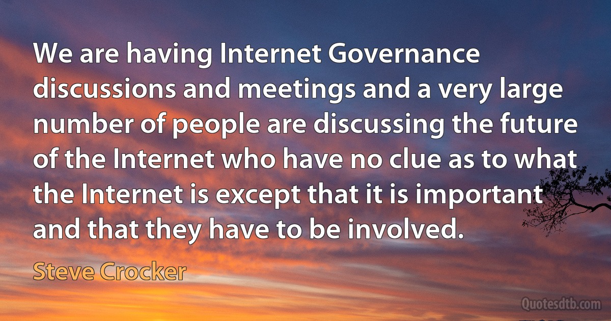 We are having Internet Governance discussions and meetings and a very large number of people are discussing the future of the Internet who have no clue as to what the Internet is except that it is important and that they have to be involved. (Steve Crocker)