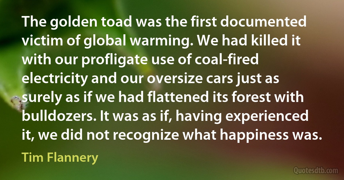 The golden toad was the first documented victim of global warming. We had killed it with our profligate use of coal-fired electricity and our oversize cars just as surely as if we had flattened its forest with bulldozers. It was as if, having experienced it, we did not recognize what happiness was. (Tim Flannery)