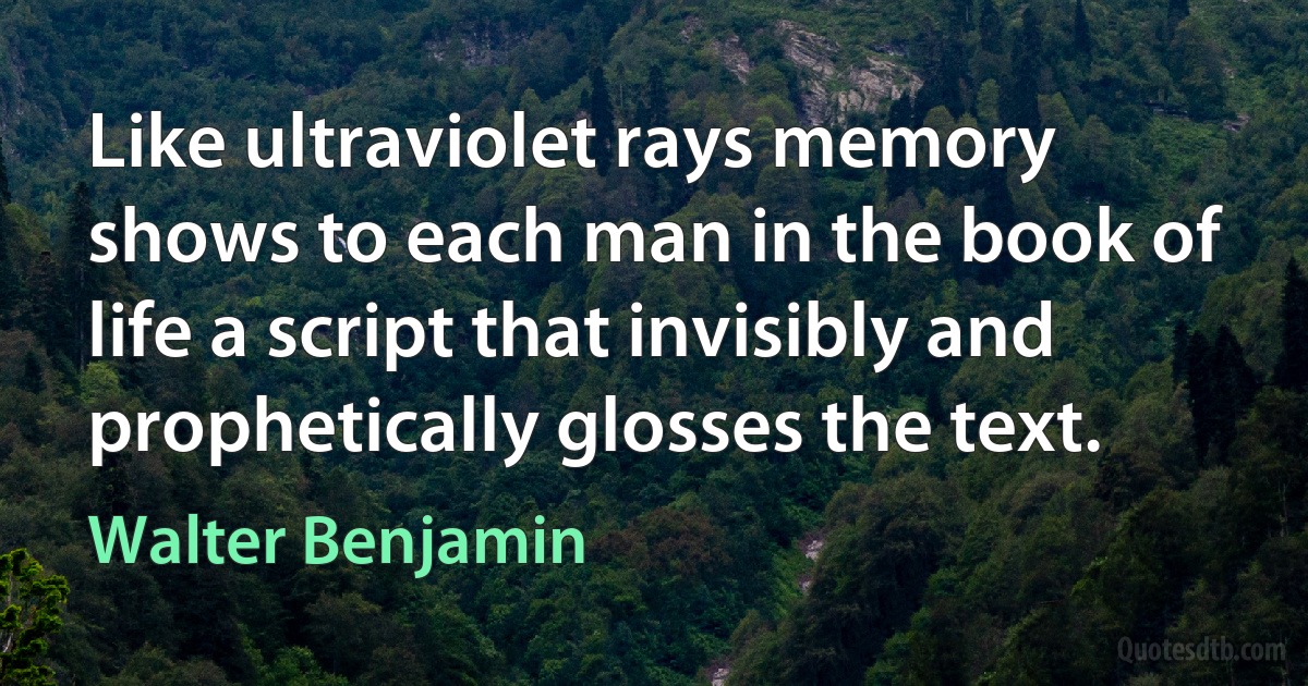 Like ultraviolet rays memory shows to each man in the book of life a script that invisibly and prophetically glosses the text. (Walter Benjamin)