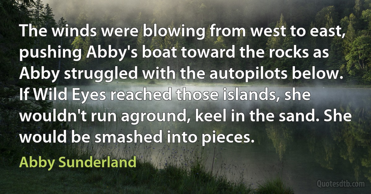 The winds were blowing from west to east, pushing Abby's boat toward the rocks as Abby struggled with the autopilots below. If Wild Eyes reached those islands, she wouldn't run aground, keel in the sand. She would be smashed into pieces. (Abby Sunderland)