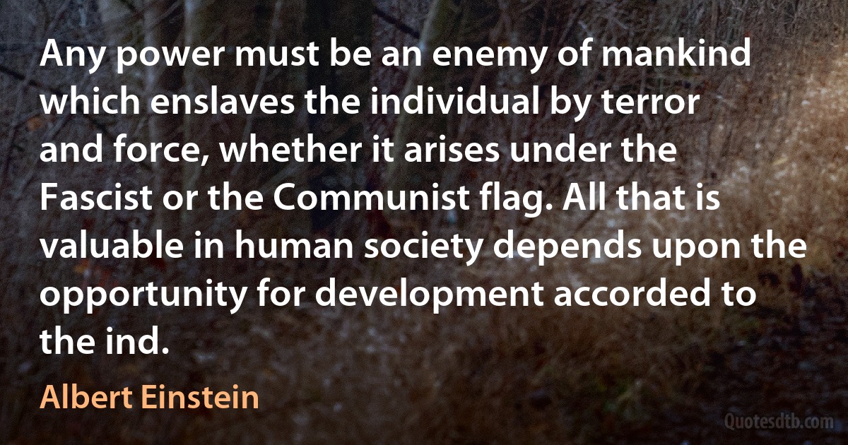 Any power must be an enemy of mankind which enslaves the individual by terror and force, whether it arises under the Fascist or the Communist flag. All that is valuable in human society depends upon the opportunity for development accorded to the ind. (Albert Einstein)