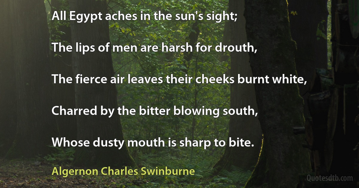 All Egypt aches in the sun's sight;

The lips of men are harsh for drouth,

The fierce air leaves their cheeks burnt white,

Charred by the bitter blowing south,

Whose dusty mouth is sharp to bite. (Algernon Charles Swinburne)