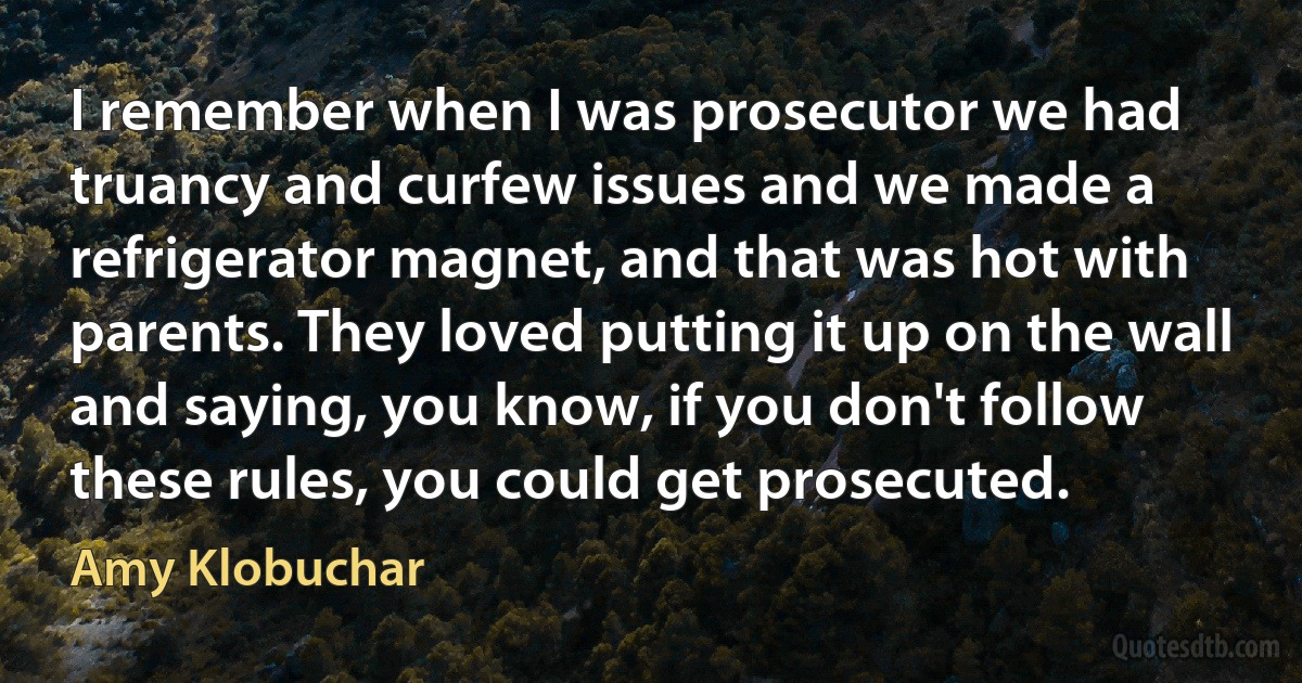 I remember when I was prosecutor we had truancy and curfew issues and we made a refrigerator magnet, and that was hot with parents. They loved putting it up on the wall and saying, you know, if you don't follow these rules, you could get prosecuted. (Amy Klobuchar)