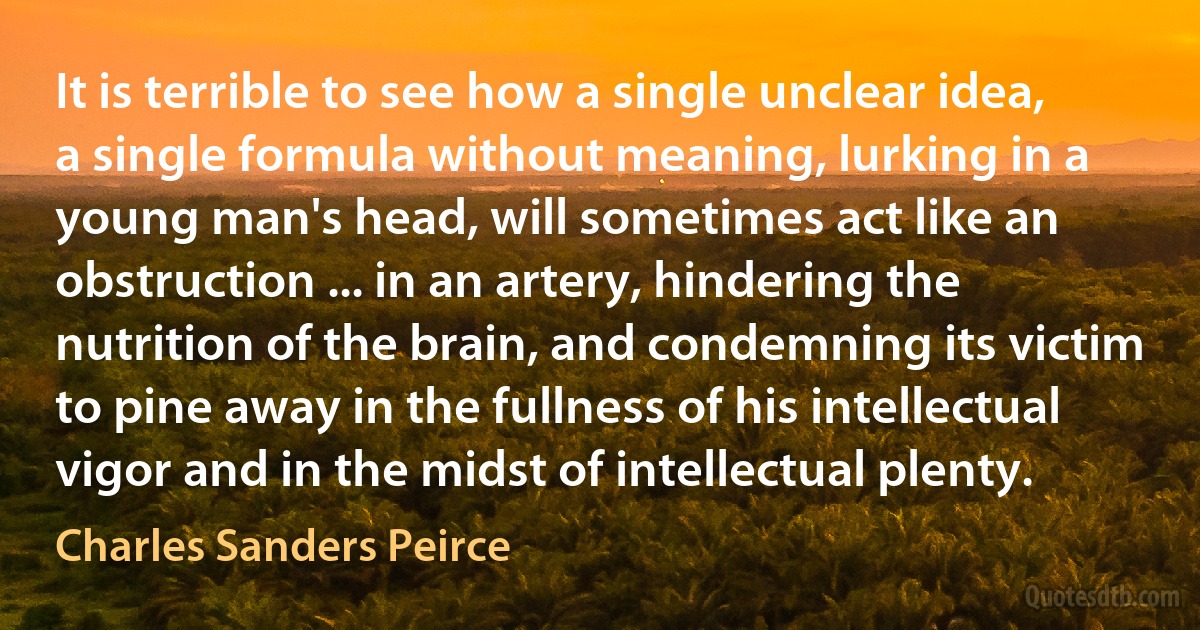 It is terrible to see how a single unclear idea, a single formula without meaning, lurking in a young man's head, will sometimes act like an obstruction ... in an artery, hindering the nutrition of the brain, and condemning its victim to pine away in the fullness of his intellectual vigor and in the midst of intellectual plenty. (Charles Sanders Peirce)