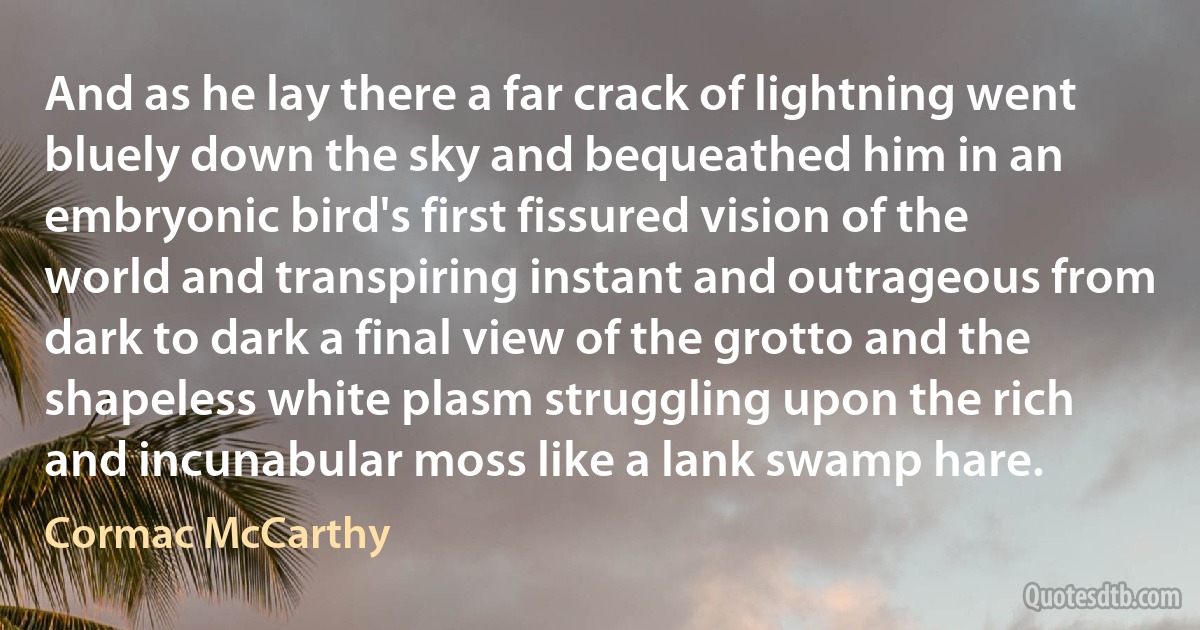 And as he lay there a far crack of lightning went bluely down the sky and bequeathed him in an embryonic bird's first fissured vision of the world and transpiring instant and outrageous from dark to dark a final view of the grotto and the shapeless white plasm struggling upon the rich and incunabular moss like a lank swamp hare. (Cormac McCarthy)