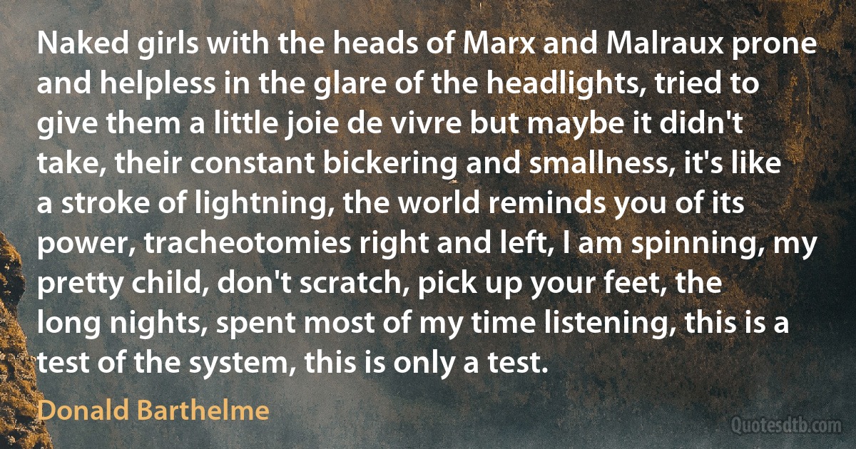 Naked girls with the heads of Marx and Malraux prone and helpless in the glare of the headlights, tried to give them a little joie de vivre but maybe it didn't take, their constant bickering and smallness, it's like a stroke of lightning, the world reminds you of its power, tracheotomies right and left, I am spinning, my pretty child, don't scratch, pick up your feet, the long nights, spent most of my time listening, this is a test of the system, this is only a test. (Donald Barthelme)
