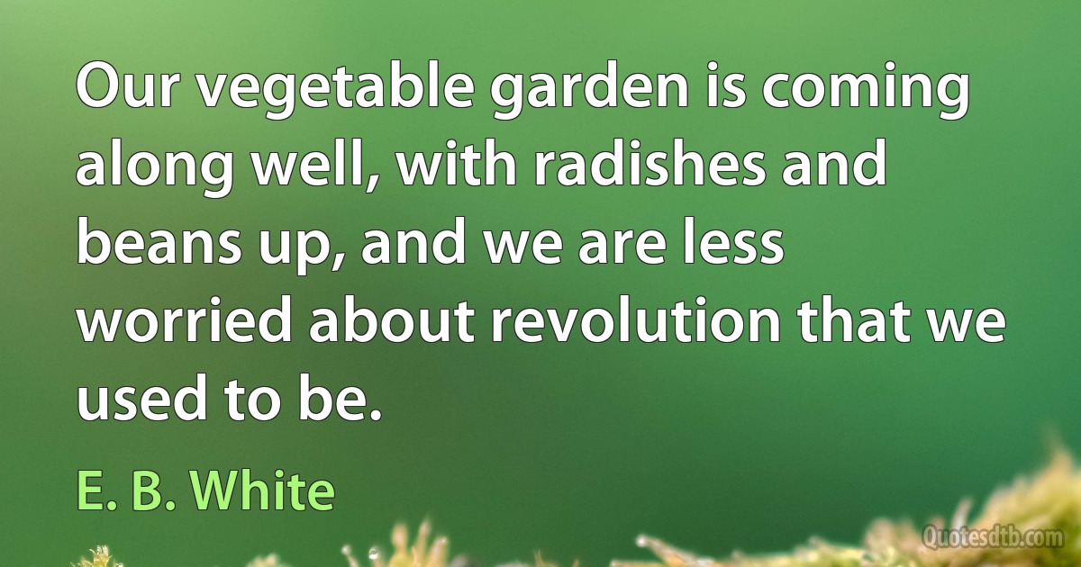 Our vegetable garden is coming along well, with radishes and beans up, and we are less worried about revolution that we used to be. (E. B. White)