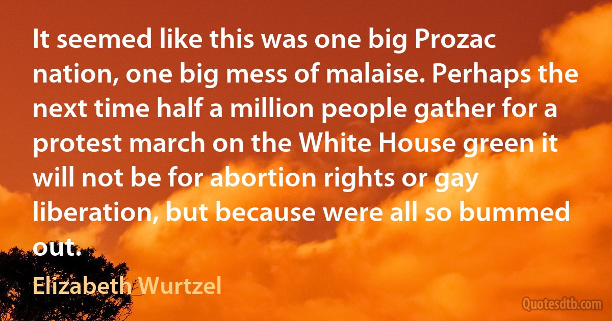 It seemed like this was one big Prozac nation, one big mess of malaise. Perhaps the next time half a million people gather for a protest march on the White House green it will not be for abortion rights or gay liberation, but because were all so bummed out. (Elizabeth Wurtzel)