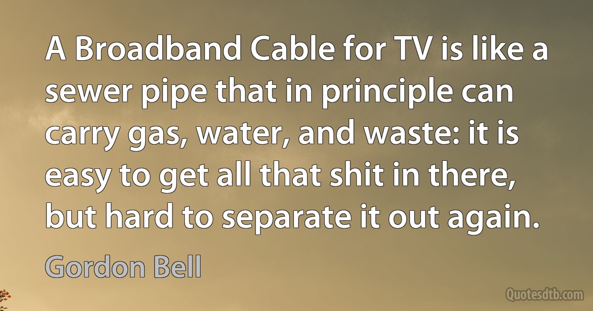 A Broadband Cable for TV is like a sewer pipe that in principle can carry gas, water, and waste: it is easy to get all that shit in there, but hard to separate it out again. (Gordon Bell)