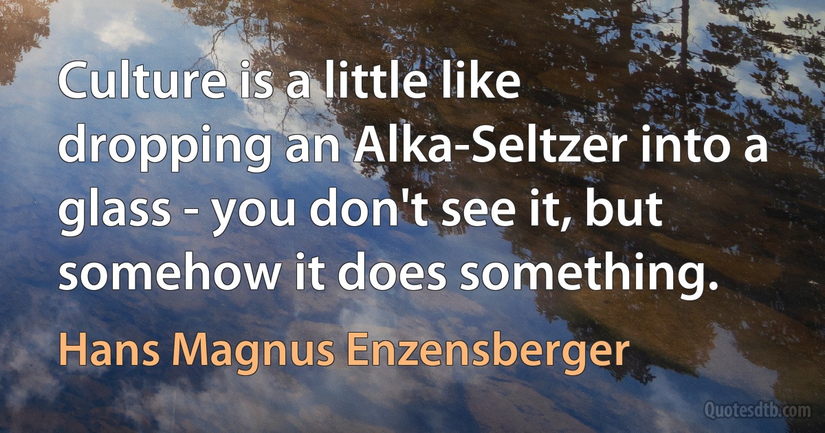 Culture is a little like dropping an Alka-Seltzer into a glass - you don't see it, but somehow it does something. (Hans Magnus Enzensberger)