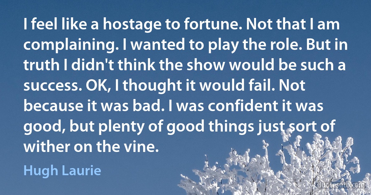 I feel like a hostage to fortune. Not that I am complaining. I wanted to play the role. But in truth I didn't think the show would be such a success. OK, I thought it would fail. Not because it was bad. I was confident it was good, but plenty of good things just sort of wither on the vine. (Hugh Laurie)