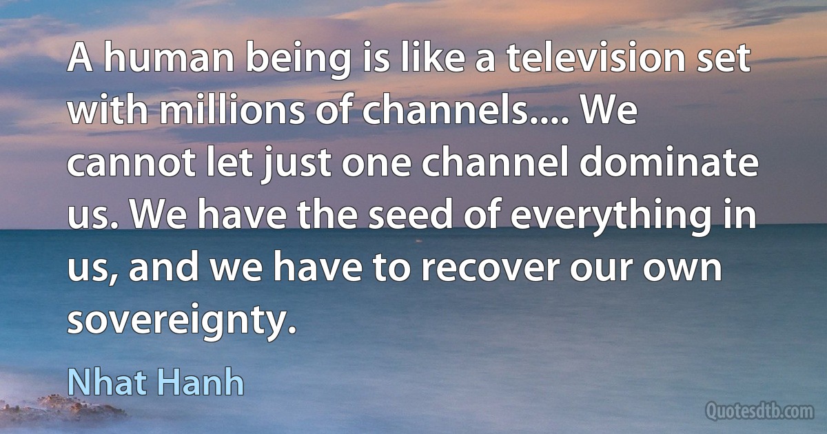 A human being is like a television set with millions of channels.... We cannot let just one channel dominate us. We have the seed of everything in us, and we have to recover our own sovereignty. (Nhat Hanh)