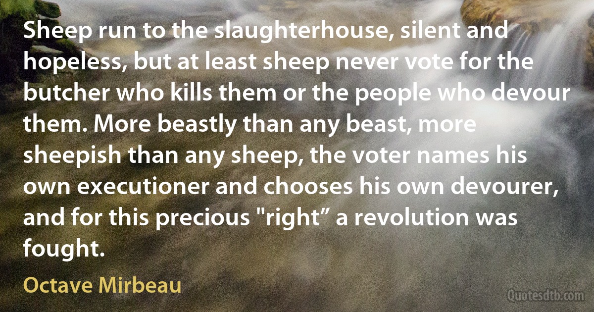 Sheep run to the slaughterhouse, silent and hopeless, but at least sheep never vote for the butcher who kills them or the people who devour them. More beastly than any beast, more sheepish than any sheep, the voter names his own executioner and chooses his own devourer, and for this precious "right” a revolution was fought. (Octave Mirbeau)