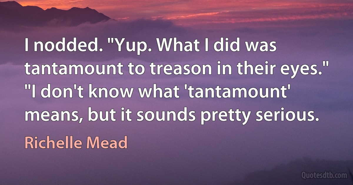 I nodded. "Yup. What I did was tantamount to treason in their eyes."
"I don't know what 'tantamount' means, but it sounds pretty serious. (Richelle Mead)