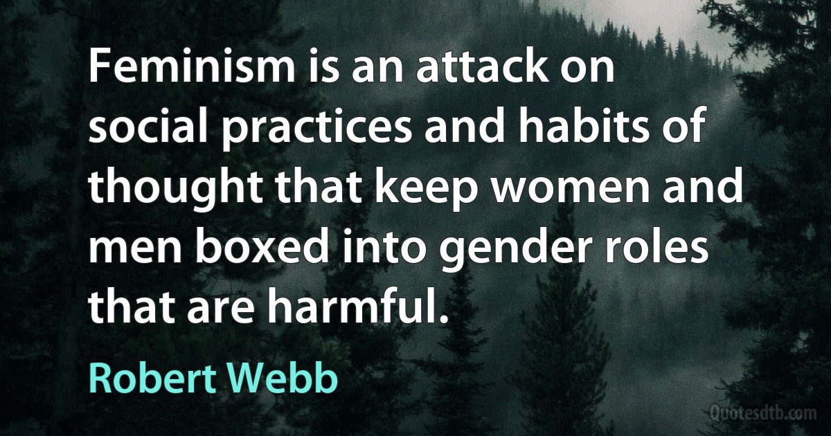 Feminism is an attack on social practices and habits of thought that keep women and men boxed into gender roles that are harmful. (Robert Webb)