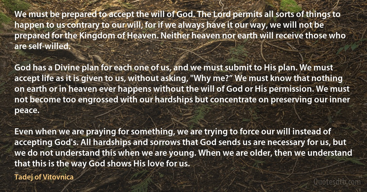 We must be prepared to accept the will of God. The Lord permits all sorts of things to happen to us contrary to our will, for if we always have it our way, we will not be prepared for the Kingdom of Heaven. Neither heaven nor earth will receive those who are self-willed.

God has a Divine plan for each one of us, and we must submit to His plan. We must accept life as it is given to us, without asking, "Why me?” We must know that nothing on earth or in heaven ever happens without the will of God or His permission. We must not become too engrossed with our hardships but concentrate on preserving our inner peace.

Even when we are praying for something, we are trying to force our will instead of accepting God's. All hardships and sorrows that God sends us are necessary for us, but we do not understand this when we are young. When we are older, then we understand that this is the way God shows His love for us. (Tadej of Vitovnica)