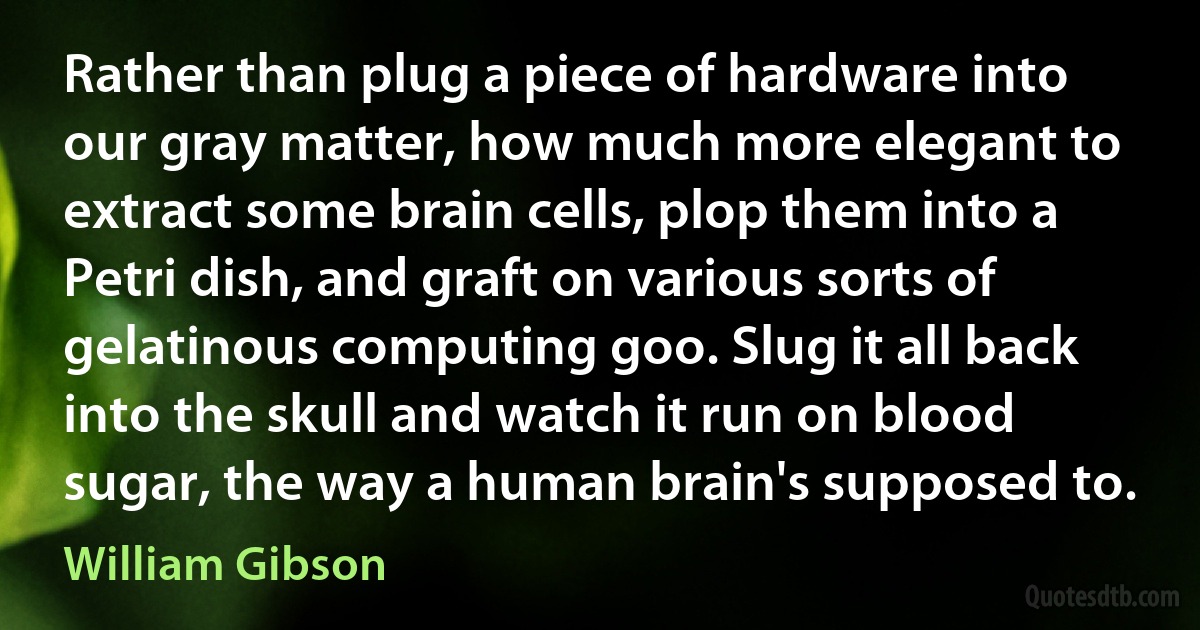 Rather than plug a piece of hardware into our gray matter, how much more elegant to extract some brain cells, plop them into a Petri dish, and graft on various sorts of gelatinous computing goo. Slug it all back into the skull and watch it run on blood sugar, the way a human brain's supposed to. (William Gibson)