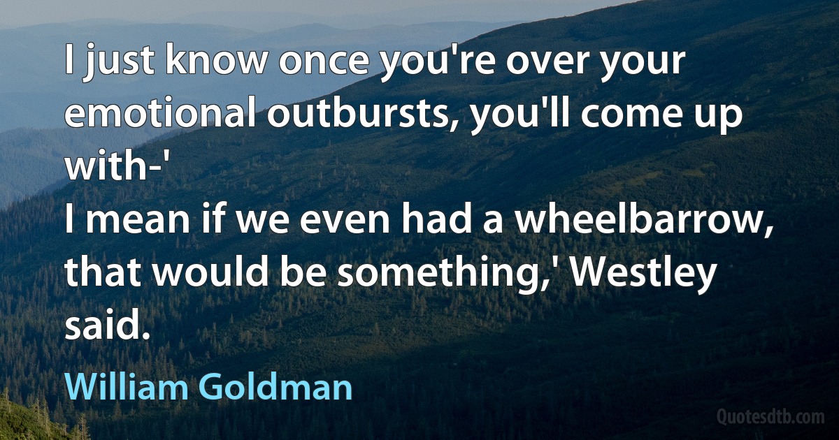 I just know once you're over your emotional outbursts, you'll come up with-'
I mean if we even had a wheelbarrow, that would be something,' Westley said. (William Goldman)