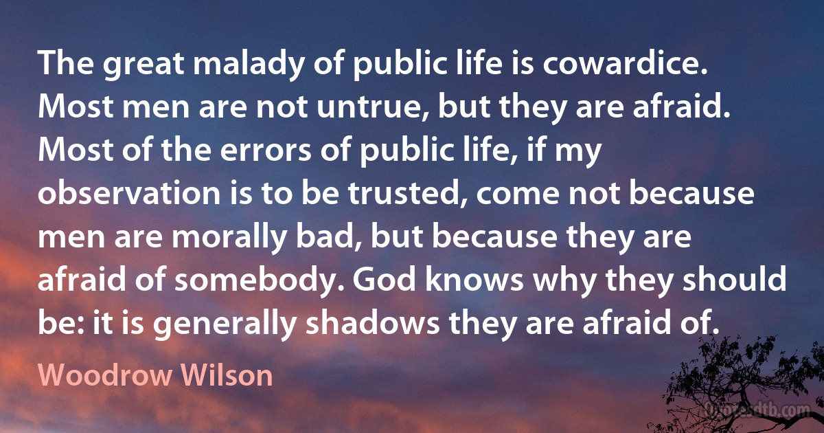 The great malady of public life is cowardice. Most men are not untrue, but they are afraid. Most of the errors of public life, if my observation is to be trusted, come not because men are morally bad, but because they are afraid of somebody. God knows why they should be: it is generally shadows they are afraid of. (Woodrow Wilson)