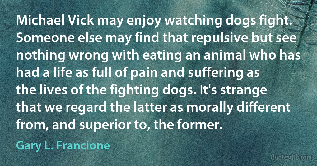 Michael Vick may enjoy watching dogs fight. Someone else may find that repulsive but see nothing wrong with eating an animal who has had a life as full of pain and suffering as the lives of the fighting dogs. It's strange that we regard the latter as morally different from, and superior to, the former. (Gary L. Francione)