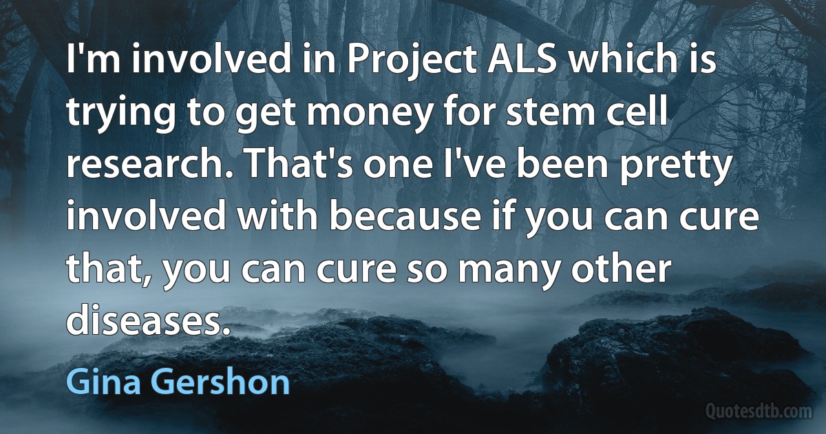 I'm involved in Project ALS which is trying to get money for stem cell research. That's one I've been pretty involved with because if you can cure that, you can cure so many other diseases. (Gina Gershon)