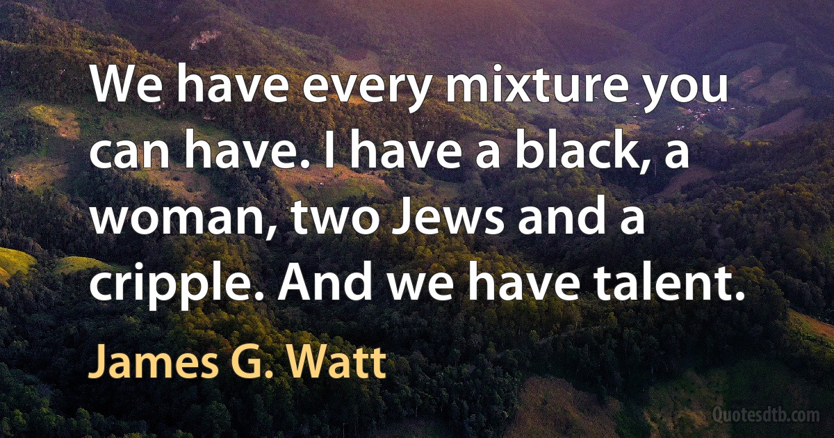 We have every mixture you can have. I have a black, a woman, two Jews and a cripple. And we have talent. (James G. Watt)